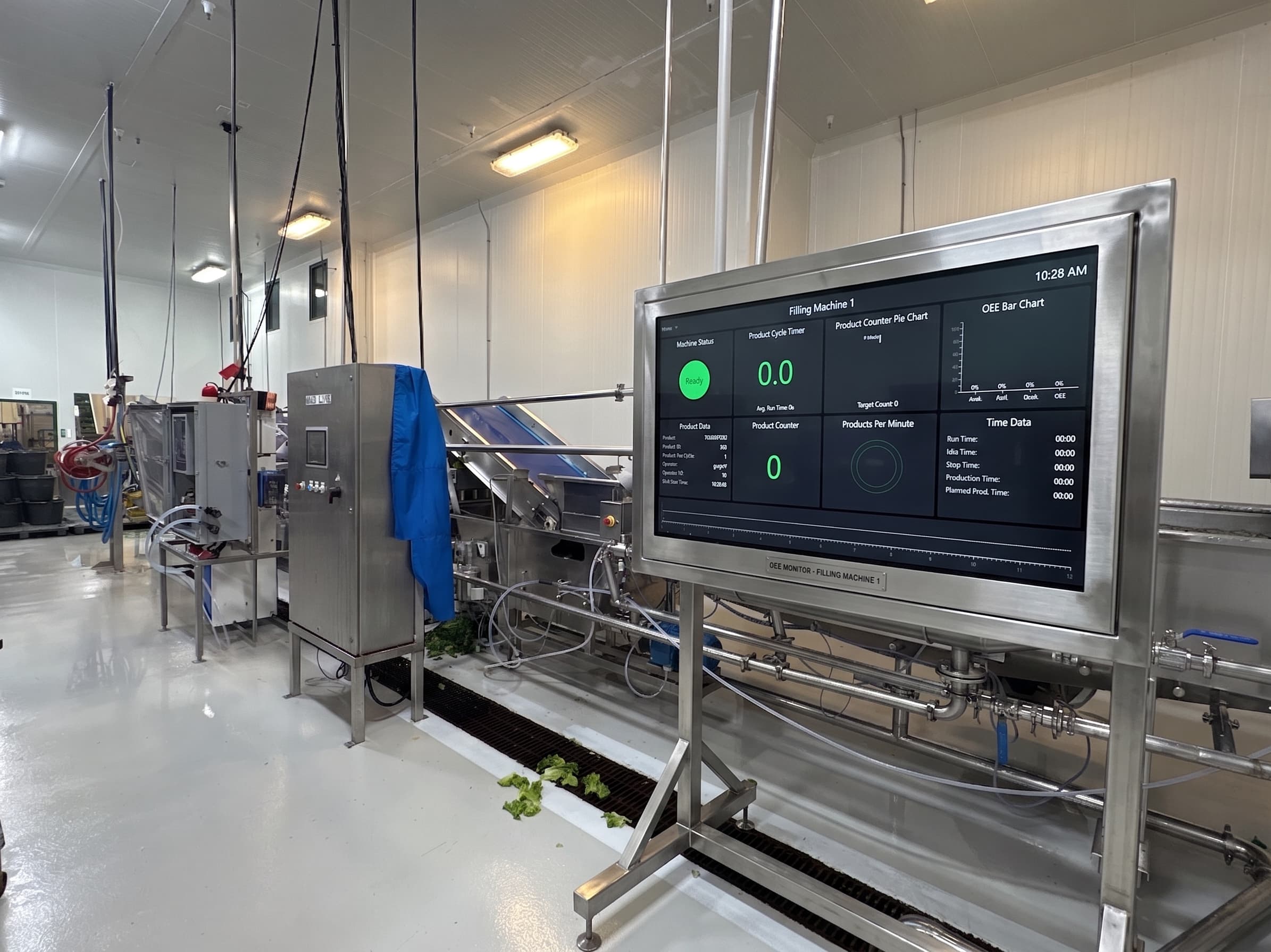 OEE monitor mounted line-side on a filling machine